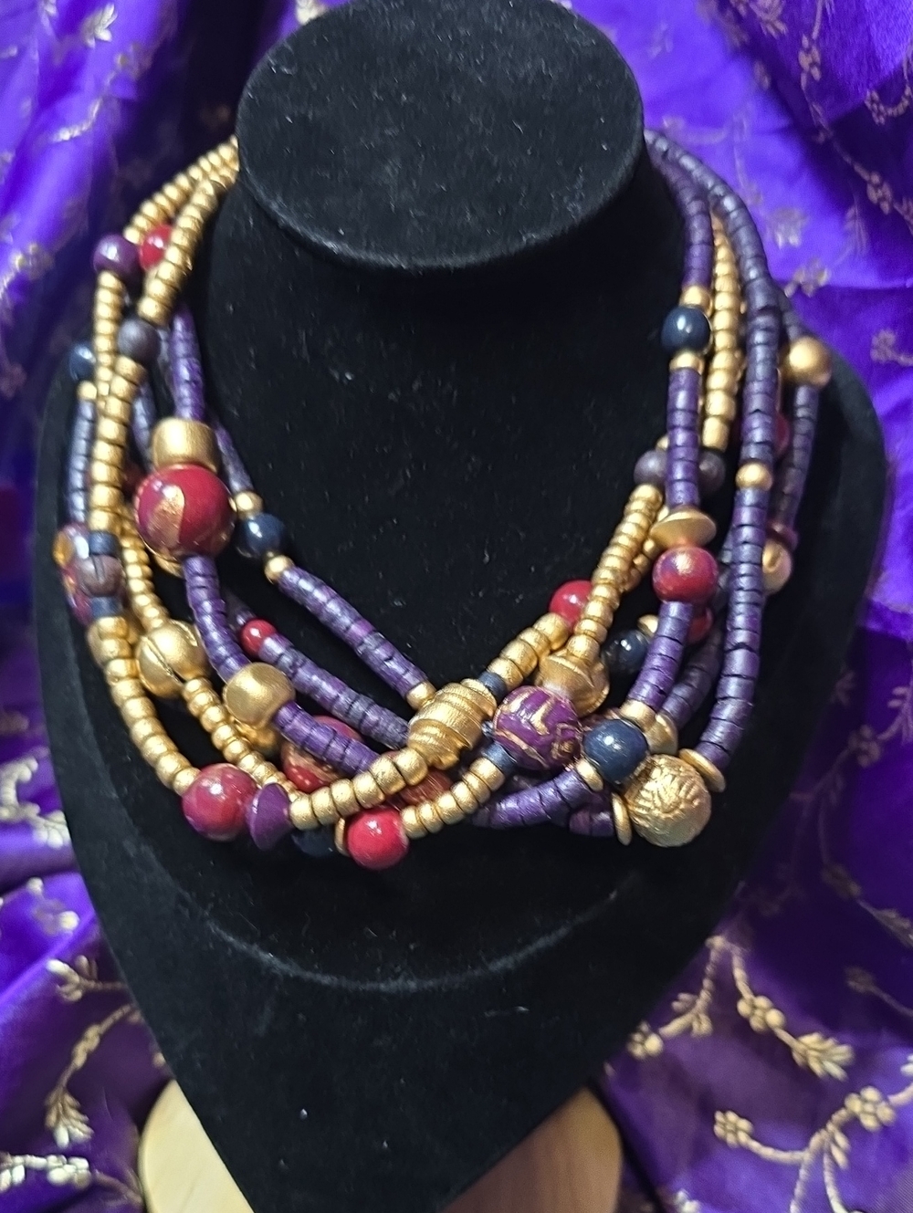 Vintage Casual Corner Multistrand Purple, Gold & Red Beaded Necklace